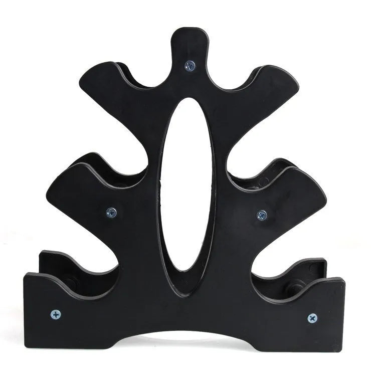 White PVC dumbbell stand with removable bracket holding multiple dumbbells.
