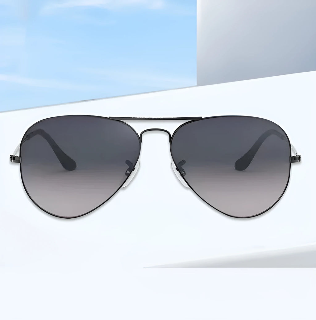 Tempered glass sunglasses with UV protection in gold, silver, and black frame colour options