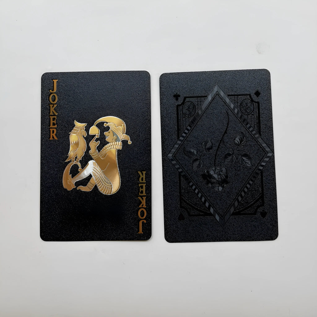 Four gold foil playing cards with rose and gold designs showing Tuhao gold, gold rose, silver rose, and black rose patterns