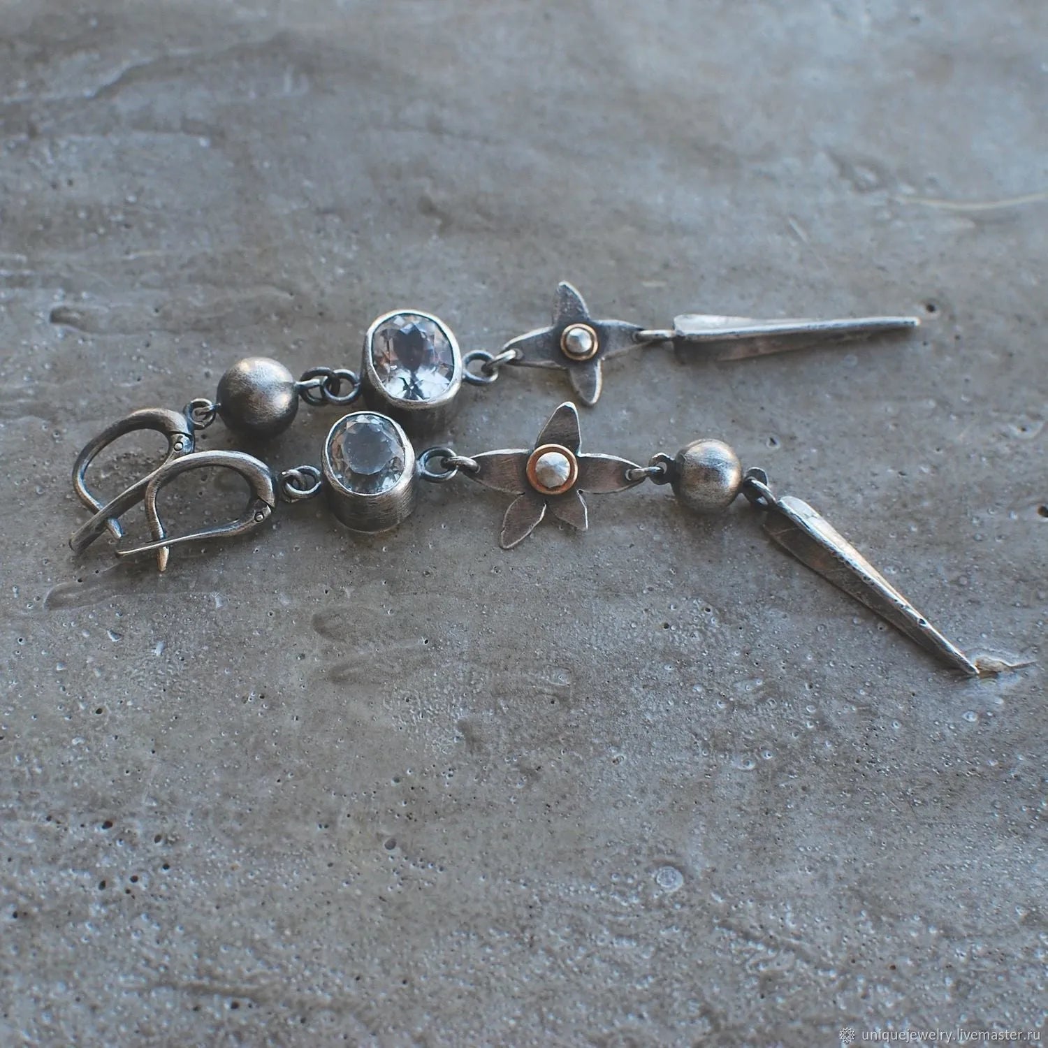 Geometric antique silver XINGX pendant earrings with long rhinestone detailing