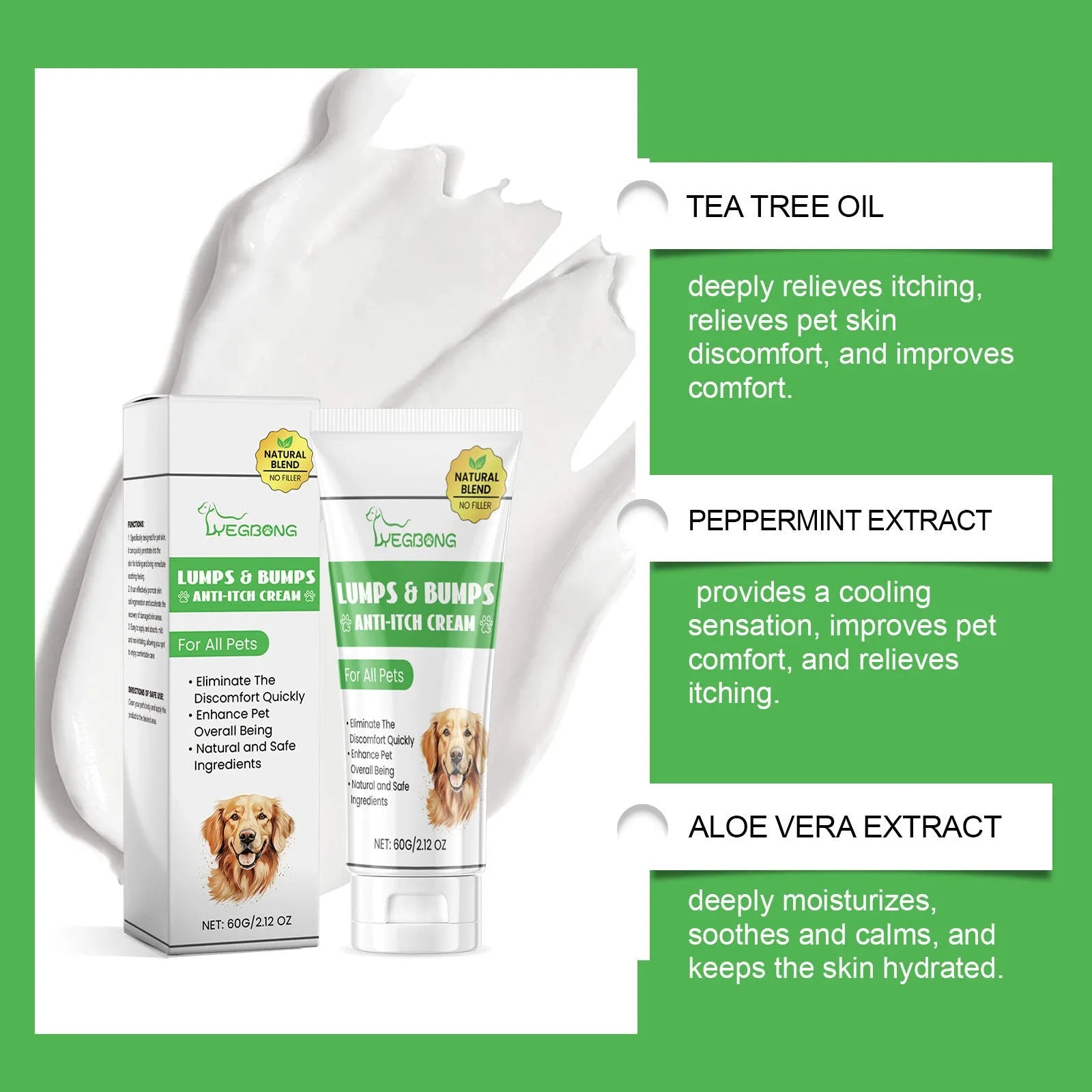 60g pot of natural pet itch relieving cream for cats and dogs with tea tree oil and aloe vera.