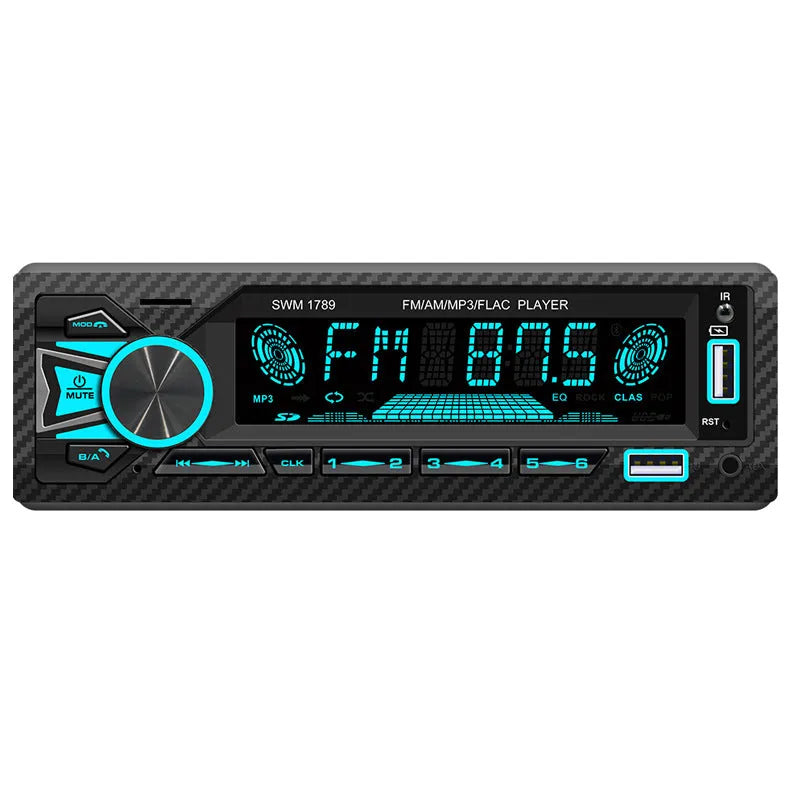 Car MP3 radio with USB and Bluetooth, metal plastic construction, 12V DC, includes remote control