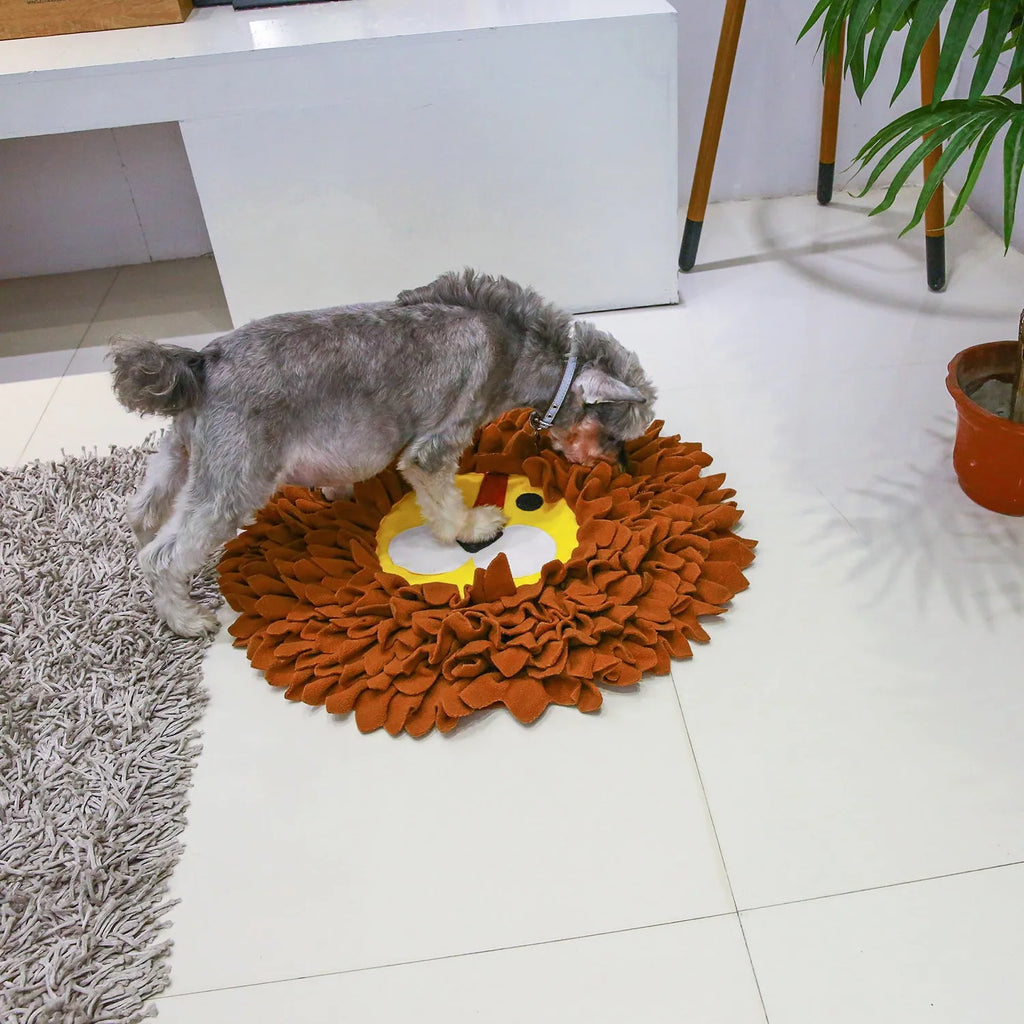Brown lion-pattern fabric snuffle mat for dogs and cats with folds for hiding treats.
