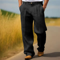 Men's solid colour linen blend casual trousers with straight leg loose fit on a hanger