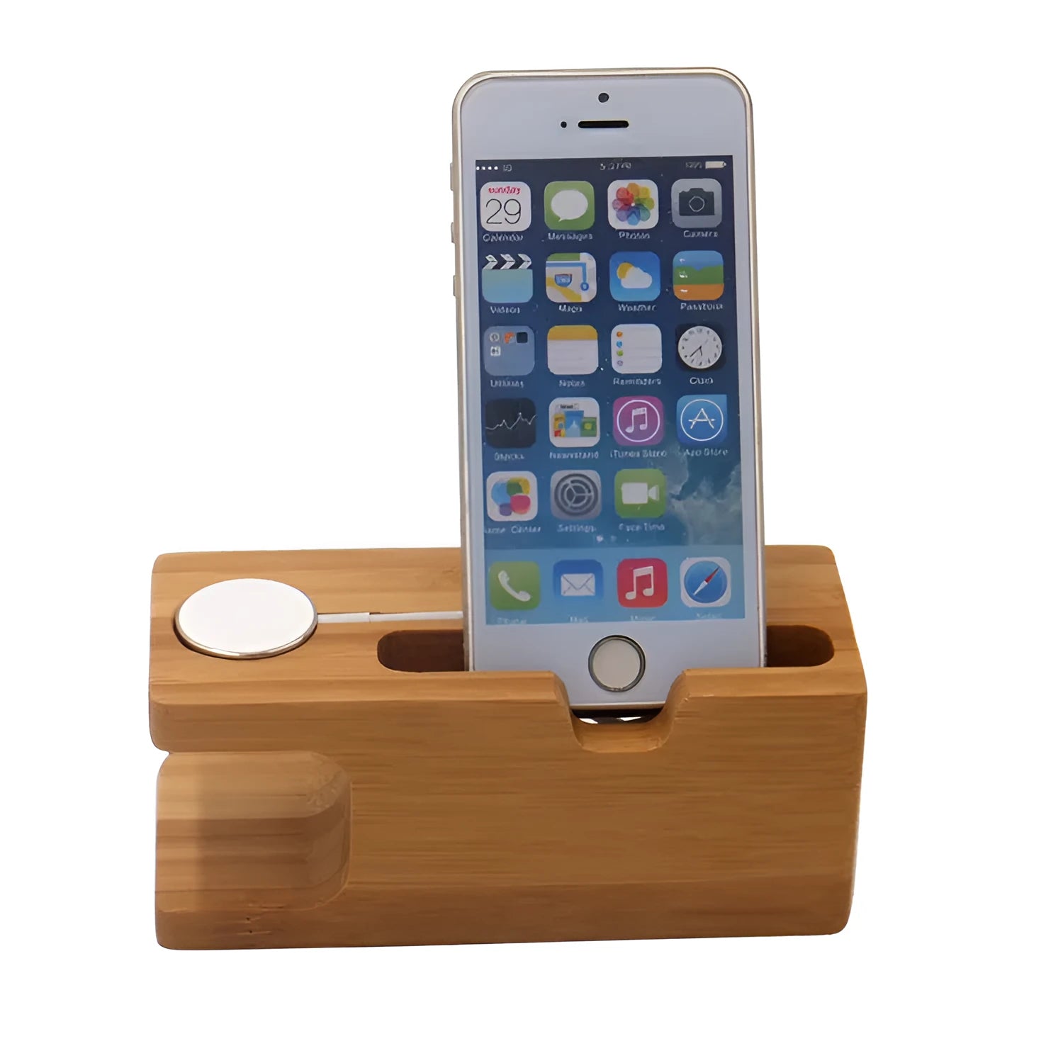 Bamboo smartphone stand with hand-carved round carving and inkjet finish, dimensions 149x55x60mm
