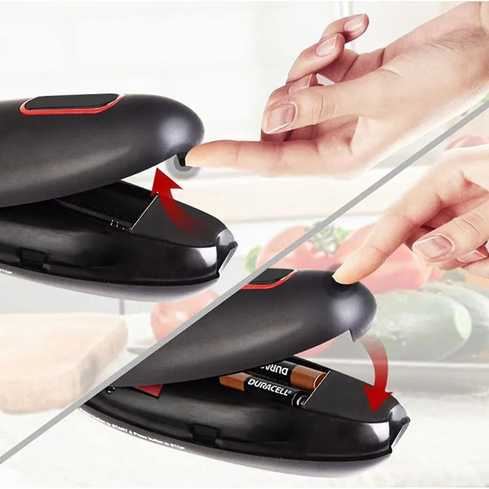 Black electric can opener with one-touch operation for battery-powered kitchen use