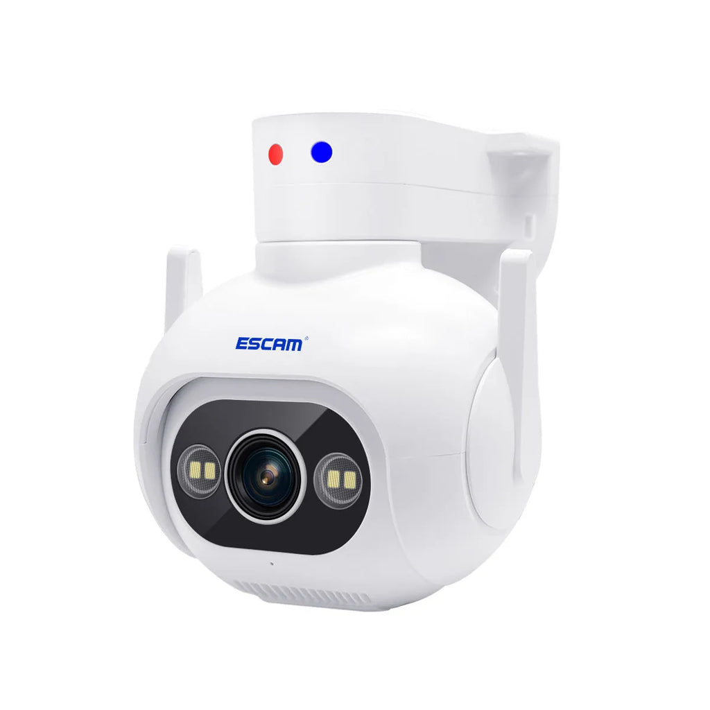 White smart security camera with 4mm lens, wall mount bracket, and IP66 rating for outdoor use.