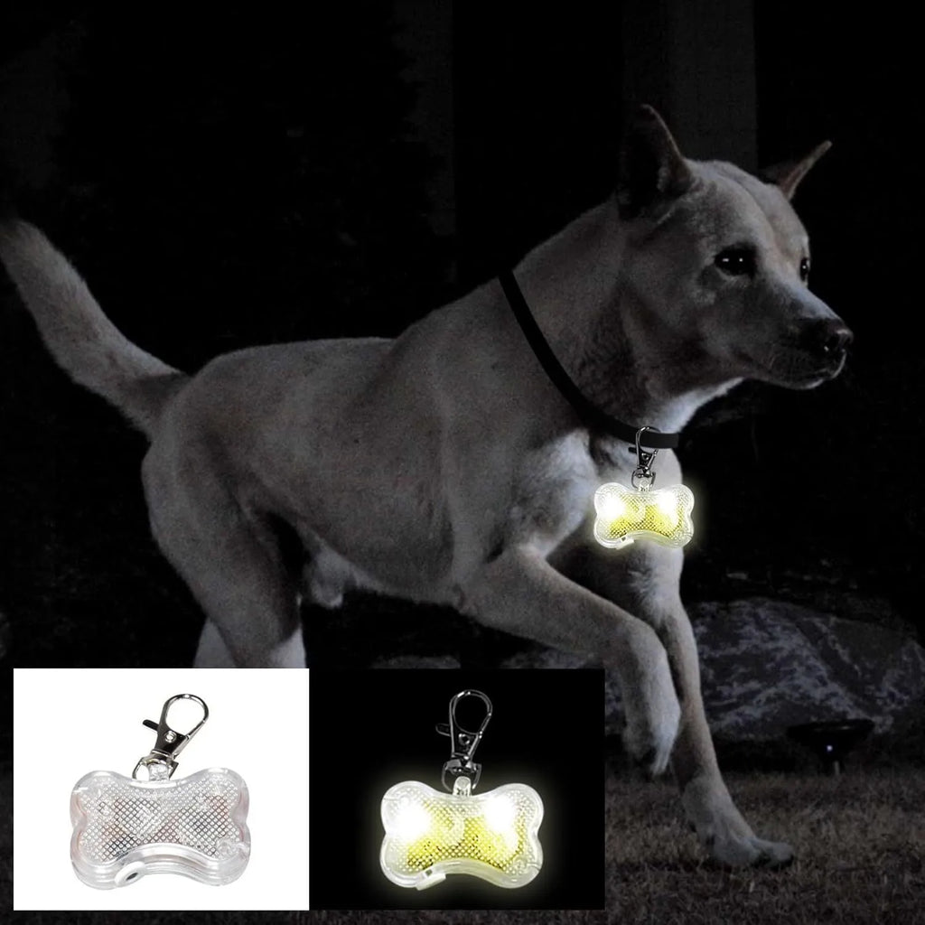 Blue LED luminous bone-shaped pendant for pet collars, shown with LR44 batteries.