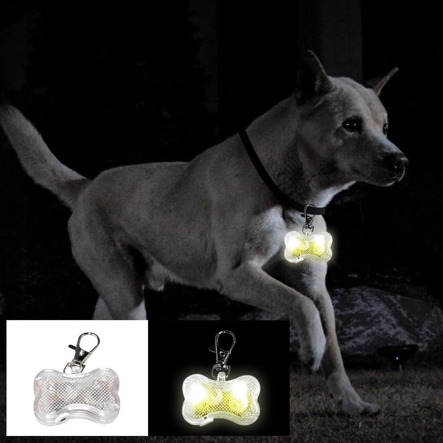 Blue LED luminous bone-shaped pendant for pet collars, shown with LR44 batteries.