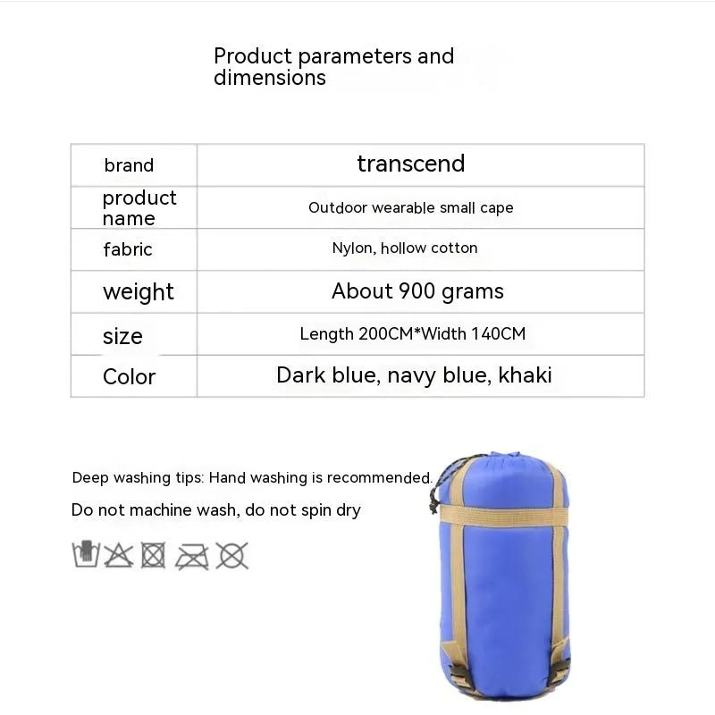 Outdoor cloak sleeping bag in grey colour showing wearable cape design and 200x140cm dimensions