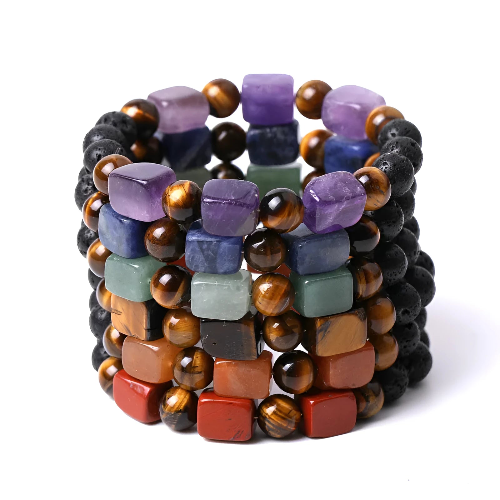 Handmade rectangular stone bracelet with colourful square amethyst and volcanic stone beads