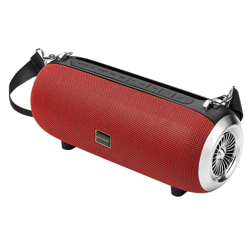 F666 mini portable Bluetooth speaker in black with fabric mesh finish, shoulder strap, and retractable FM antenna.