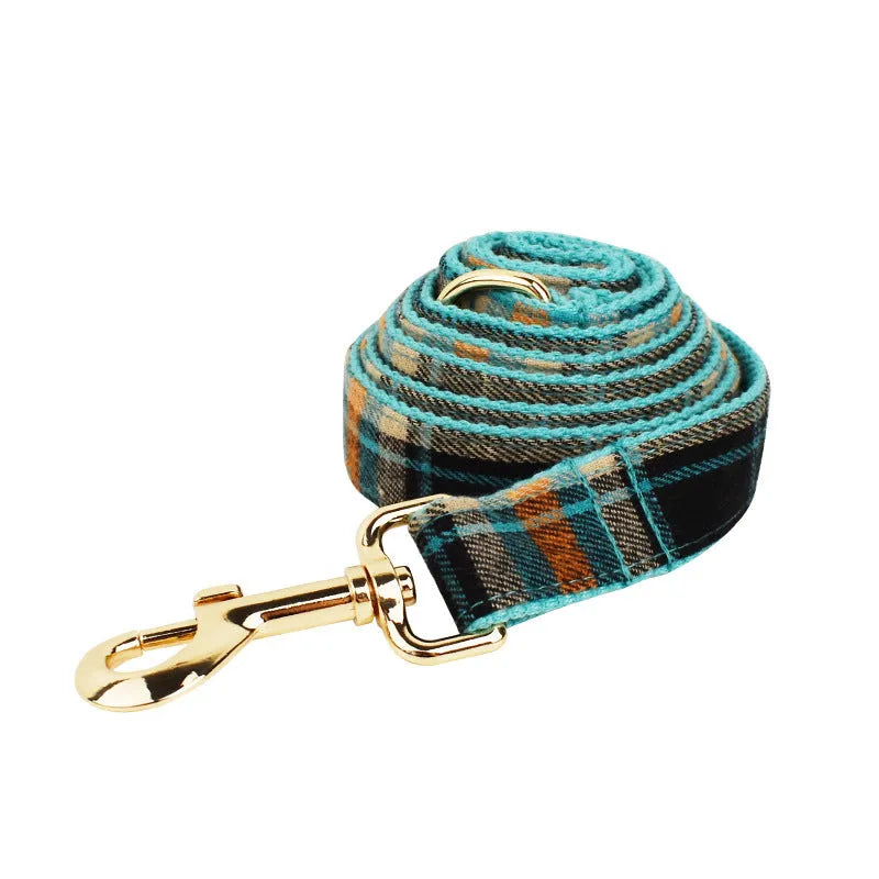 Green retro pet collar and leash set with matching dog vest and bow accessory