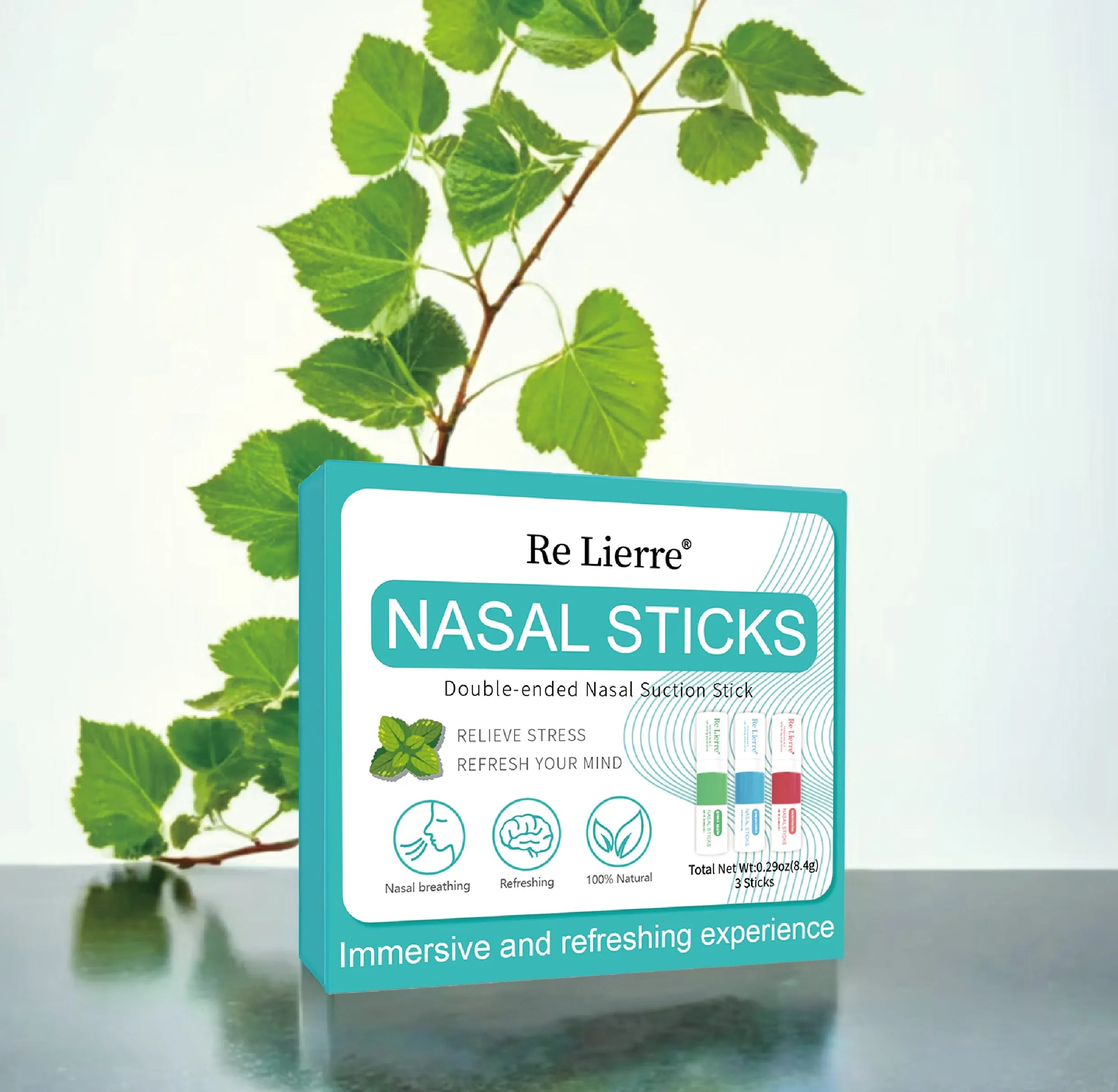 Re Lierre 3-in-1 Nasal Bar in cyan with nasal aspirator, nasal spray, and two ear cleaners on a white background