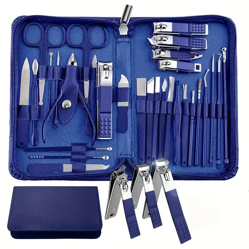 30-piece stainless steel nail beauty tool set in presentation case, colour options shown.