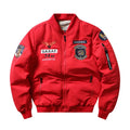 A man's slim-fit black retro motorcycle jacket with a stand collar, embroidery detail, and patch pockets.