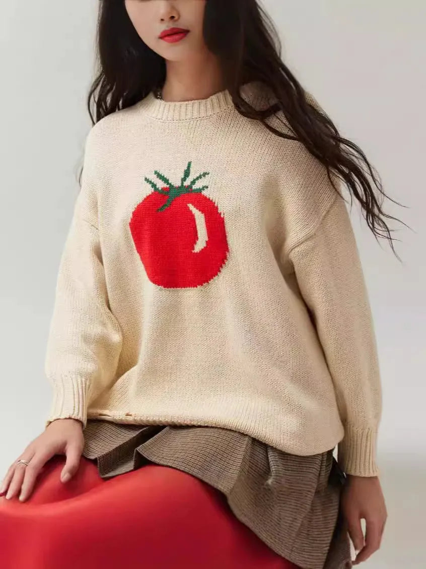 Women's loose-fitting acrylic sweater with round neck, long sleeves, and Jacquard craft in beige.