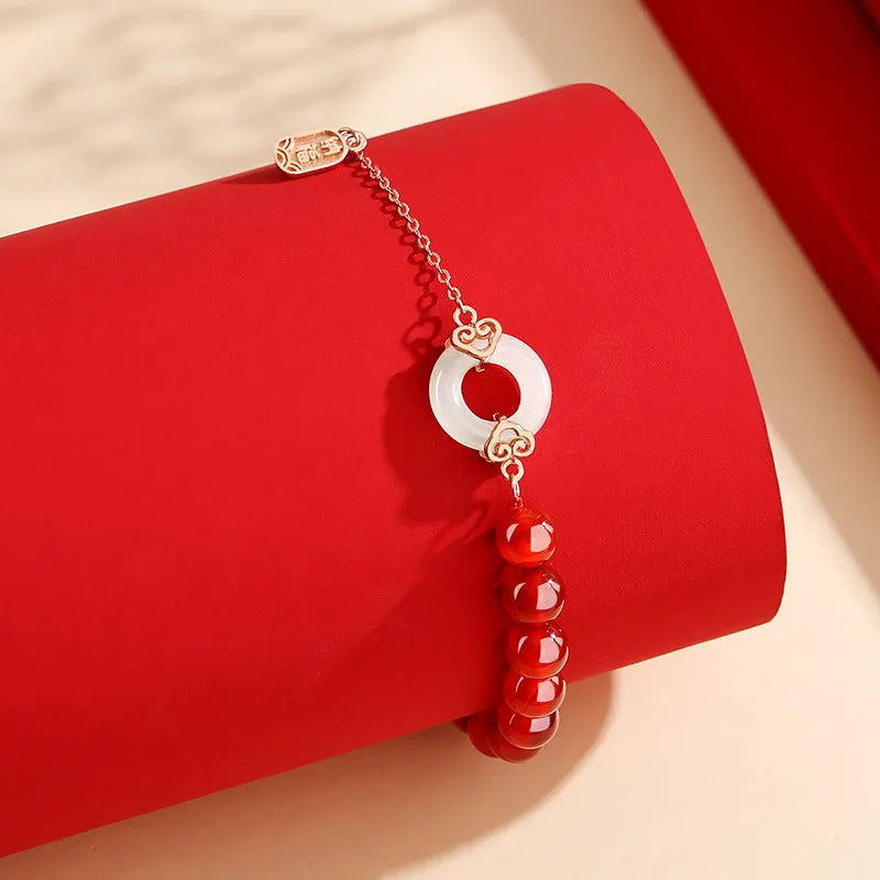 Women's sterling silver 925 bracelet with peace buckle, xiangyun, and fu character charms in silver colour S0269