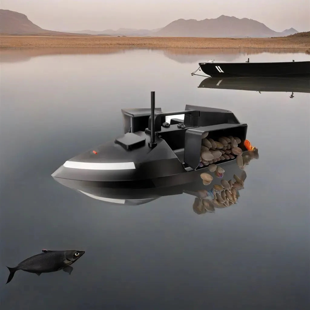 V020 black remote control fishing boat with GPS antenna on a calm lake at dusk
