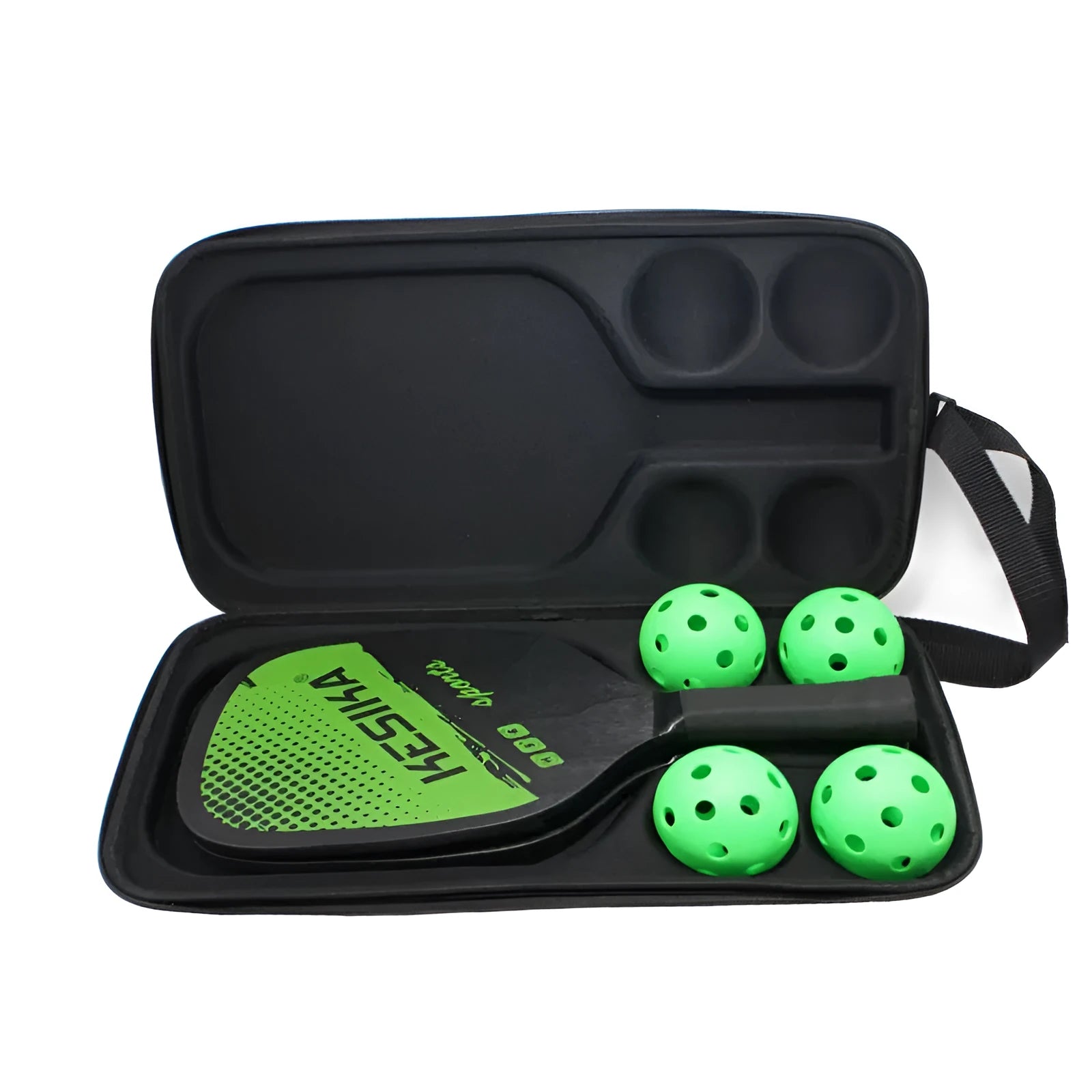 Black portable pickleball racket storage bag with double shoulder straps, showing EVA material construction.