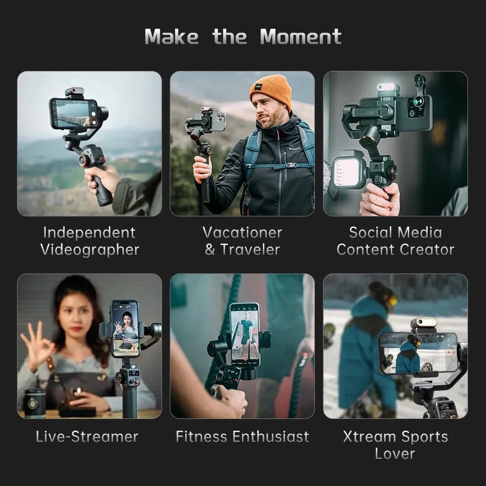 Black three-axis smartphone stabiliser with attached AI fill light on a tripod