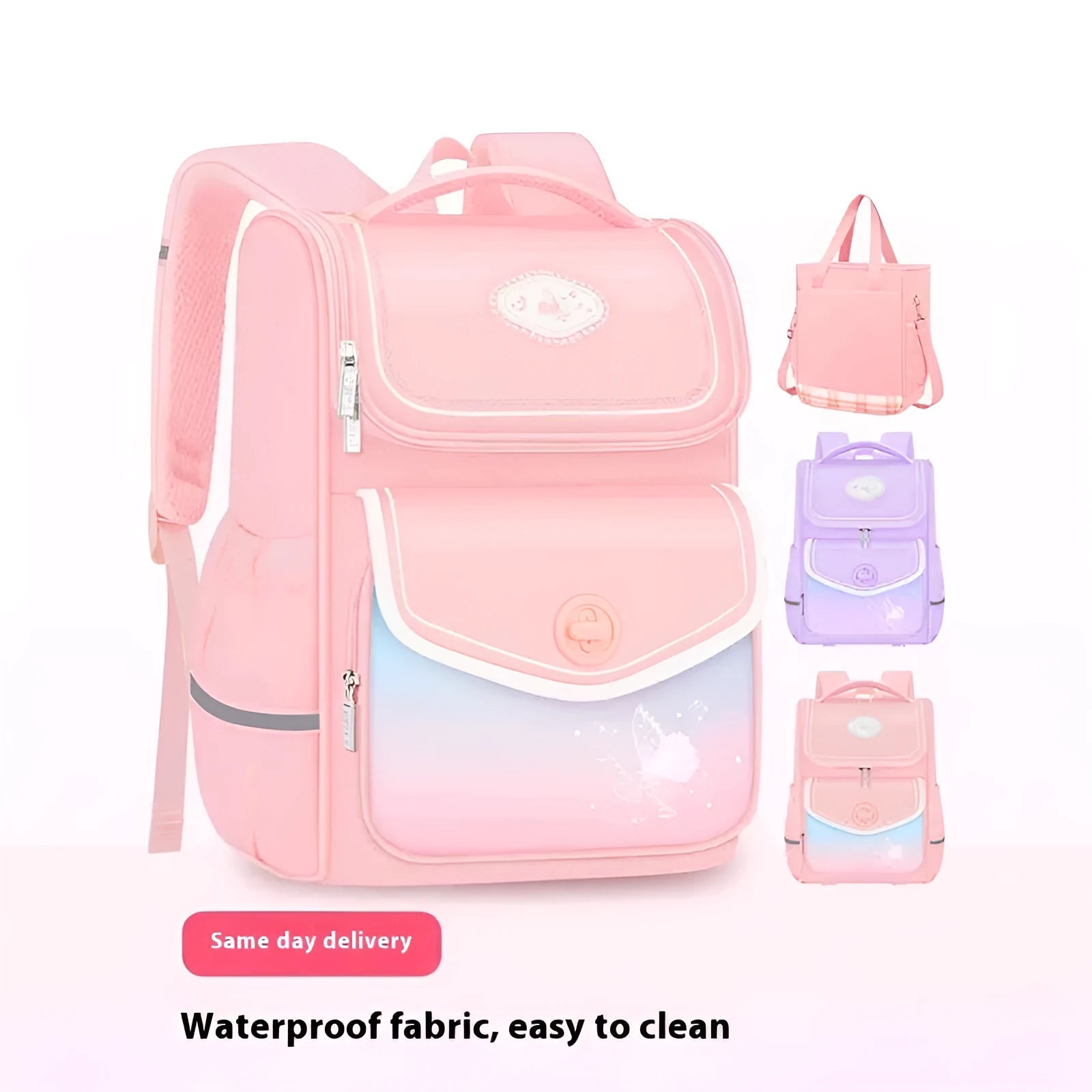 Girls' waterproof Oxford cloth school backpack in pink, purple, or green colours for primary students aged 3-6