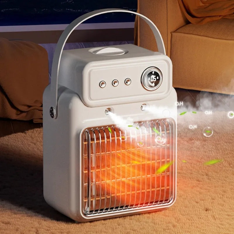 White portable table heater with humidifier function and digital control panel.