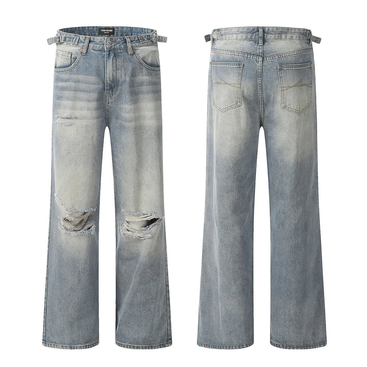 Blue men's straight-leg jeans with ripped details and a zip fly on a neutral background.