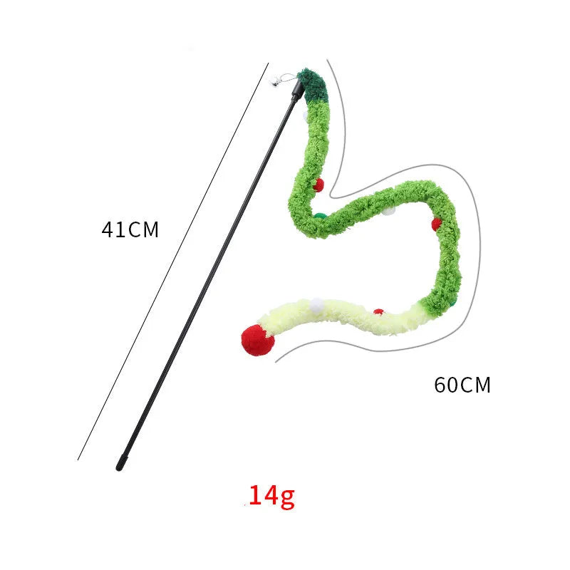 Colourful cat wand toy with long plush strip, fluffy ball, and bells on 41cm pole