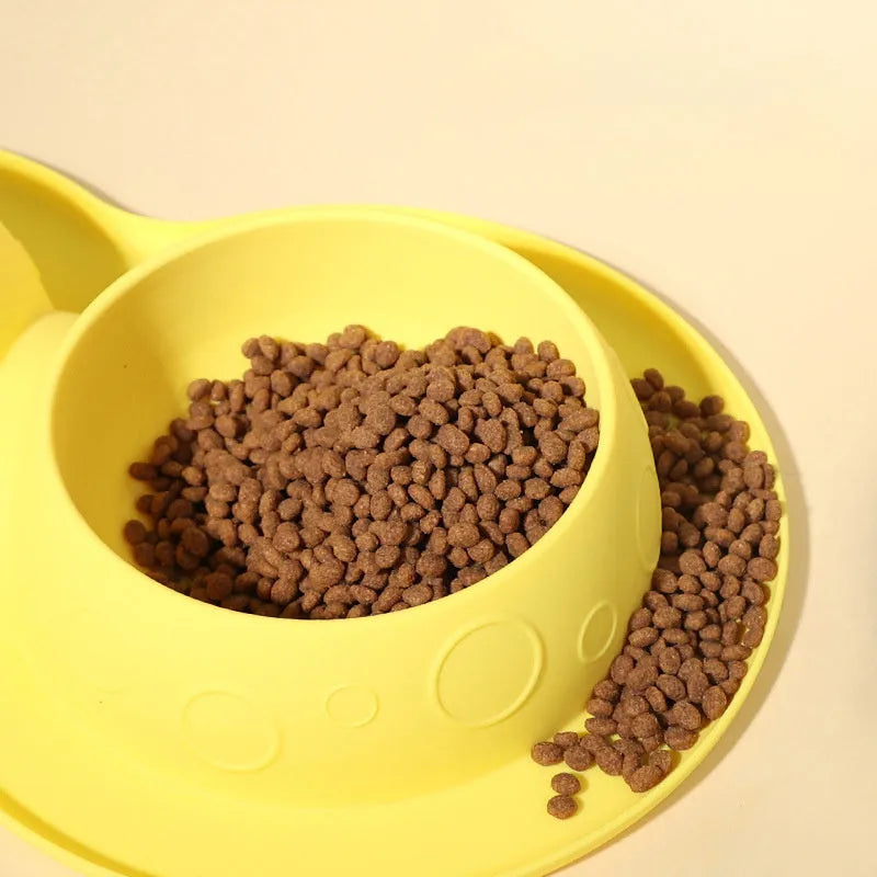 Blue non-slip silicone 2-in-1 pet feeding mat holding water and food bowls