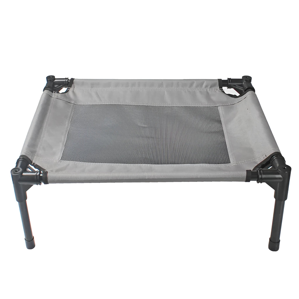 Black portable outdoor dog bed with removable washable cover and steel frame, shown on grass.