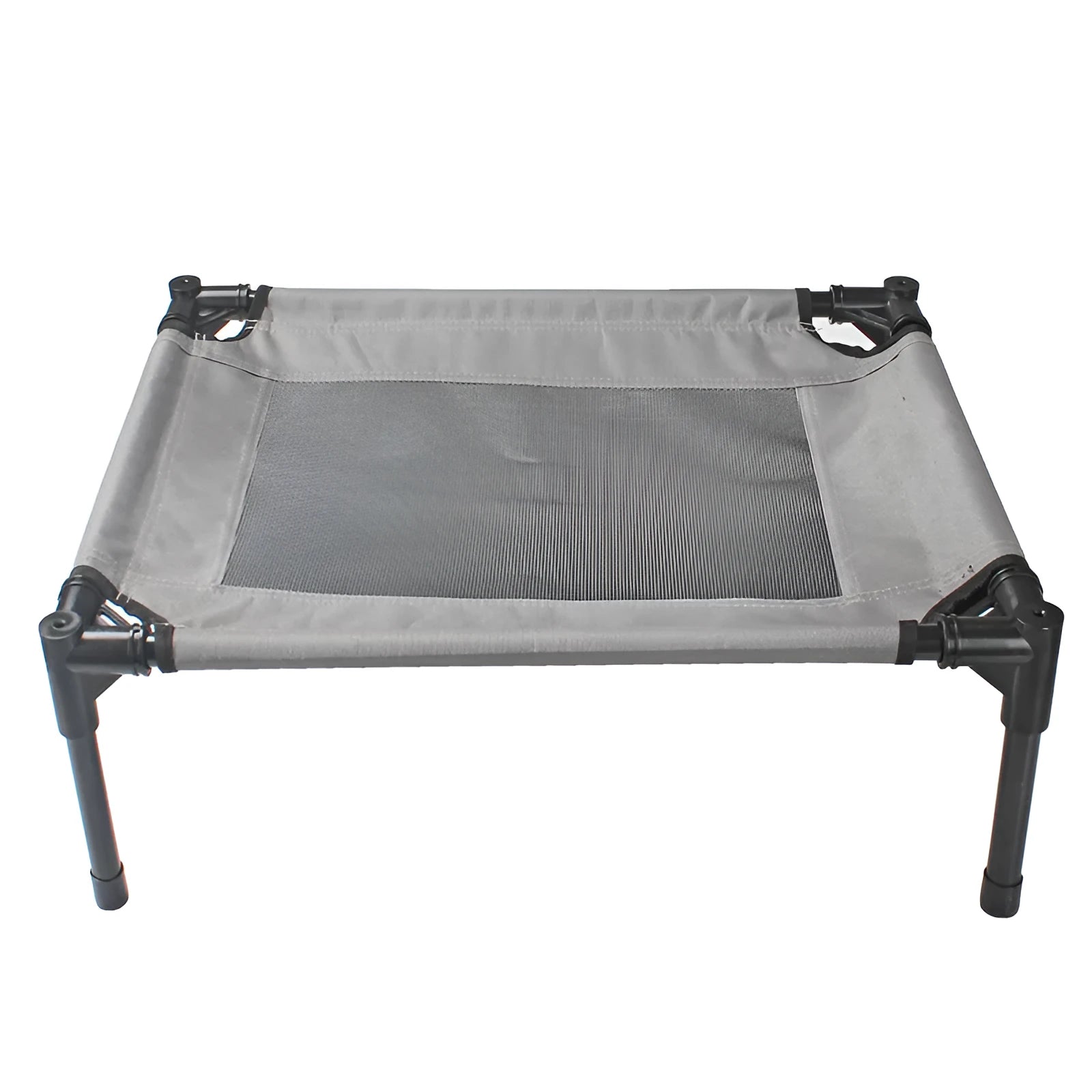 Black portable outdoor dog bed with removable washable cover and steel frame, shown on grass.