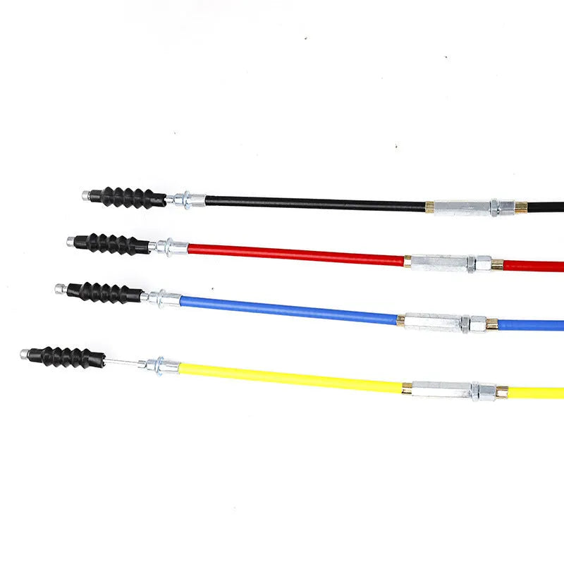Four coloured motorcycle clutch and accelerator cables, each 0.98m long, for Apollo 110-125cc ATV and scramble bikes.