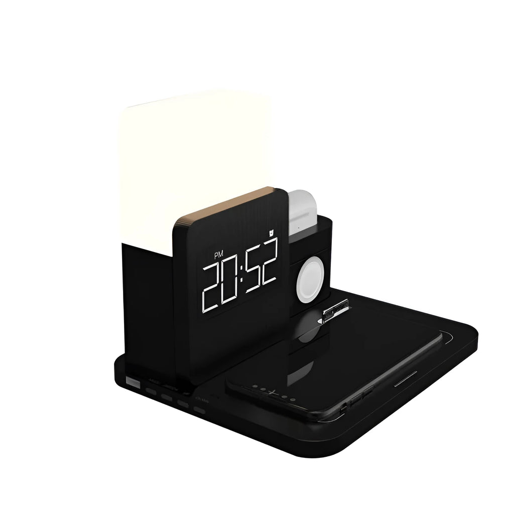 Dark green wireless charging stand holding a mobile phone and a pair of headphones.