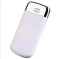 Square aluminium alloy power bank with digital display and multiple USB ports, shown in colour options.