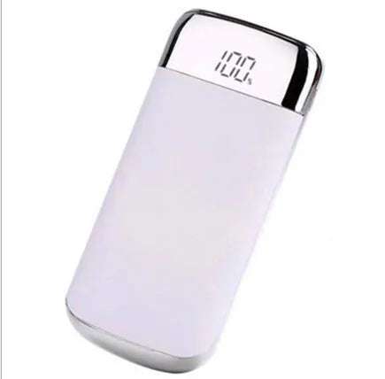 Square aluminium alloy power bank with digital display and multiple USB ports, shown in colour options.