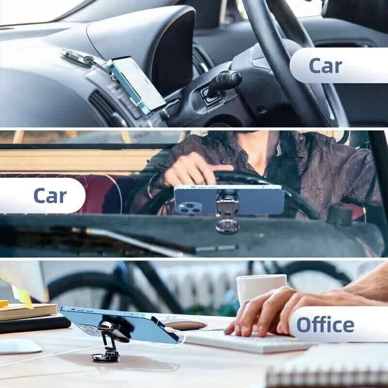 Chrome magnetic car phone holder with foldable bracket and 360-degree swivel on a car dashboard