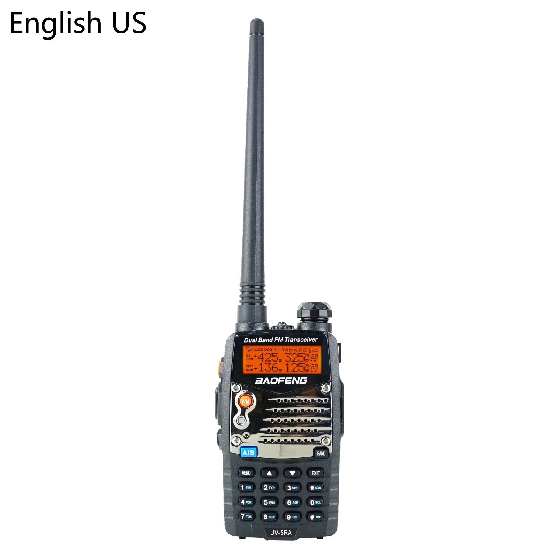 Baofeng UV-5RA black handheld dual-band two-way radio with dual display screen and keypad.