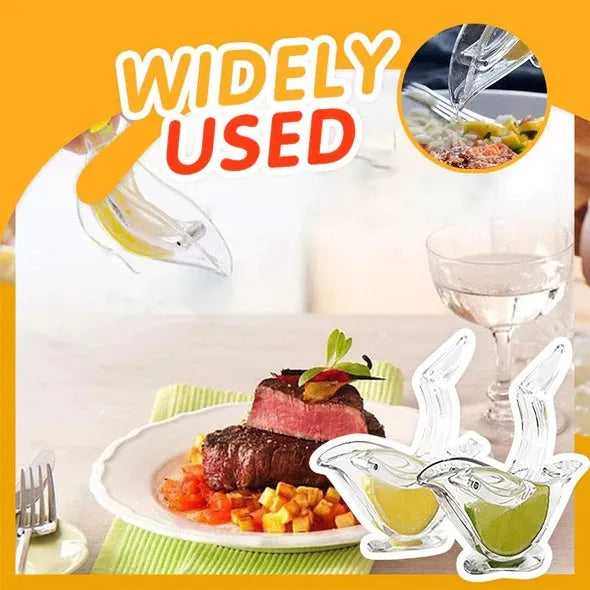 Transparent acrylic bird-shaped manual juicer for lemon slices on a kitchen counter.