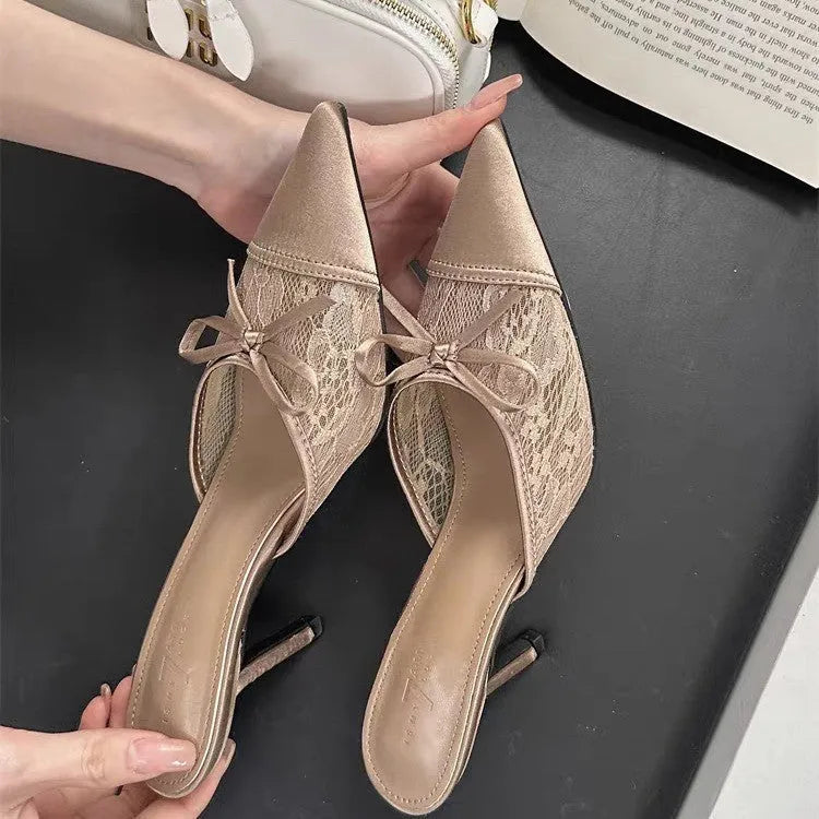 Women's lace pointed toe high heels with decorative bowknot in light brown colour