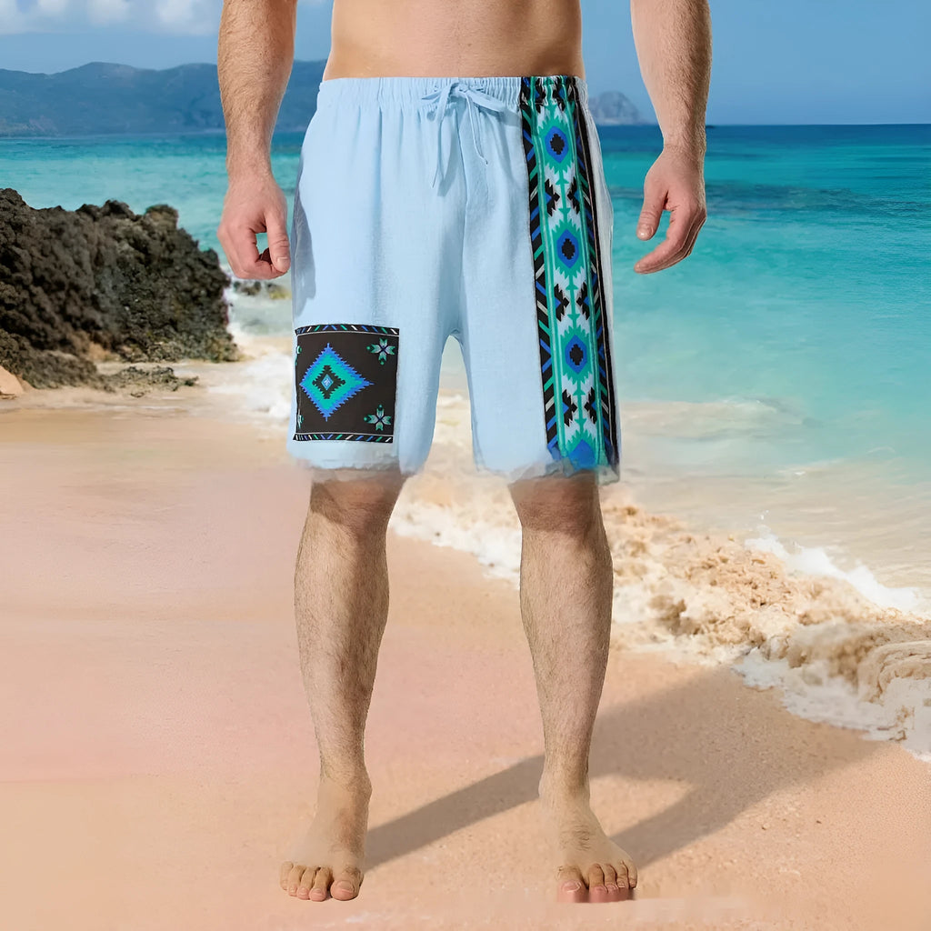 Men's colour-block casual shorts with drawstring waist in blue, khaki, dark grey, green, or yellow options