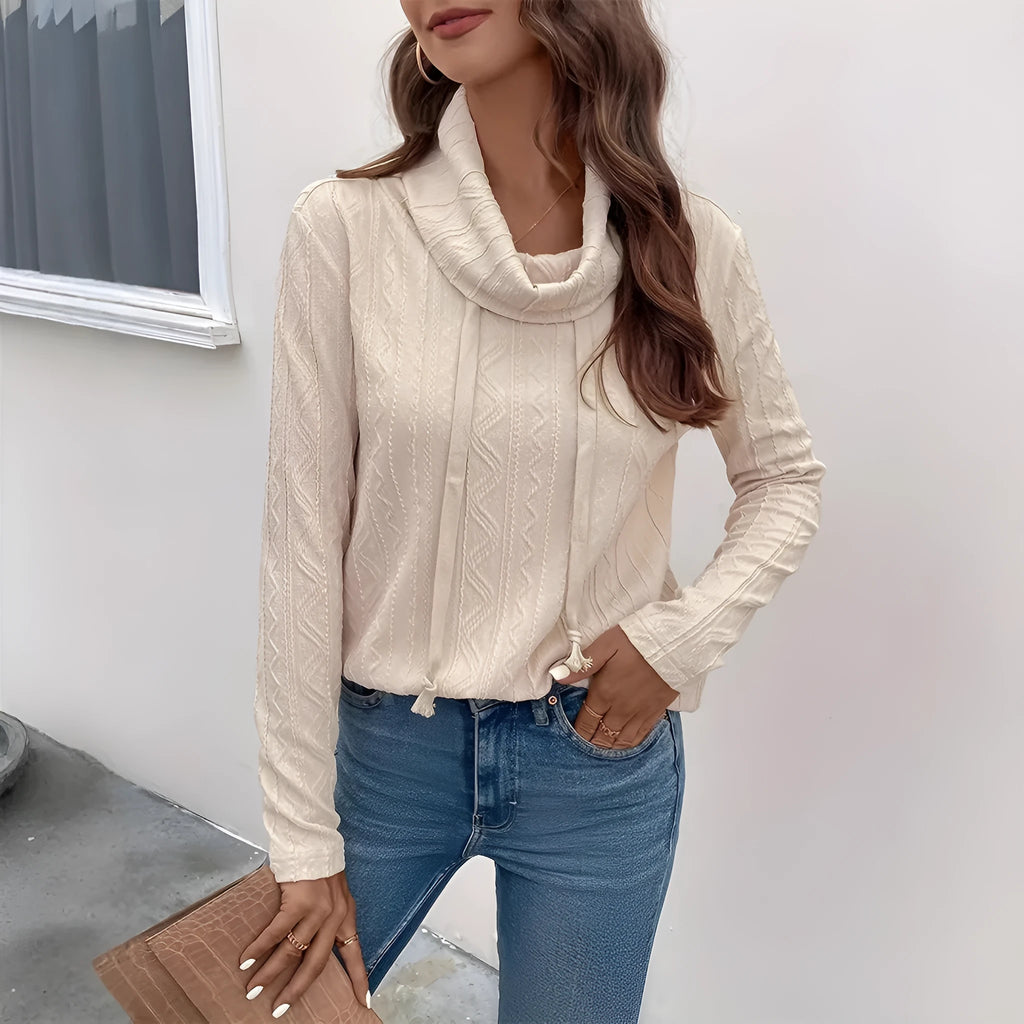 Apricot hooded pullover sweater with drawstring and long sleeves
