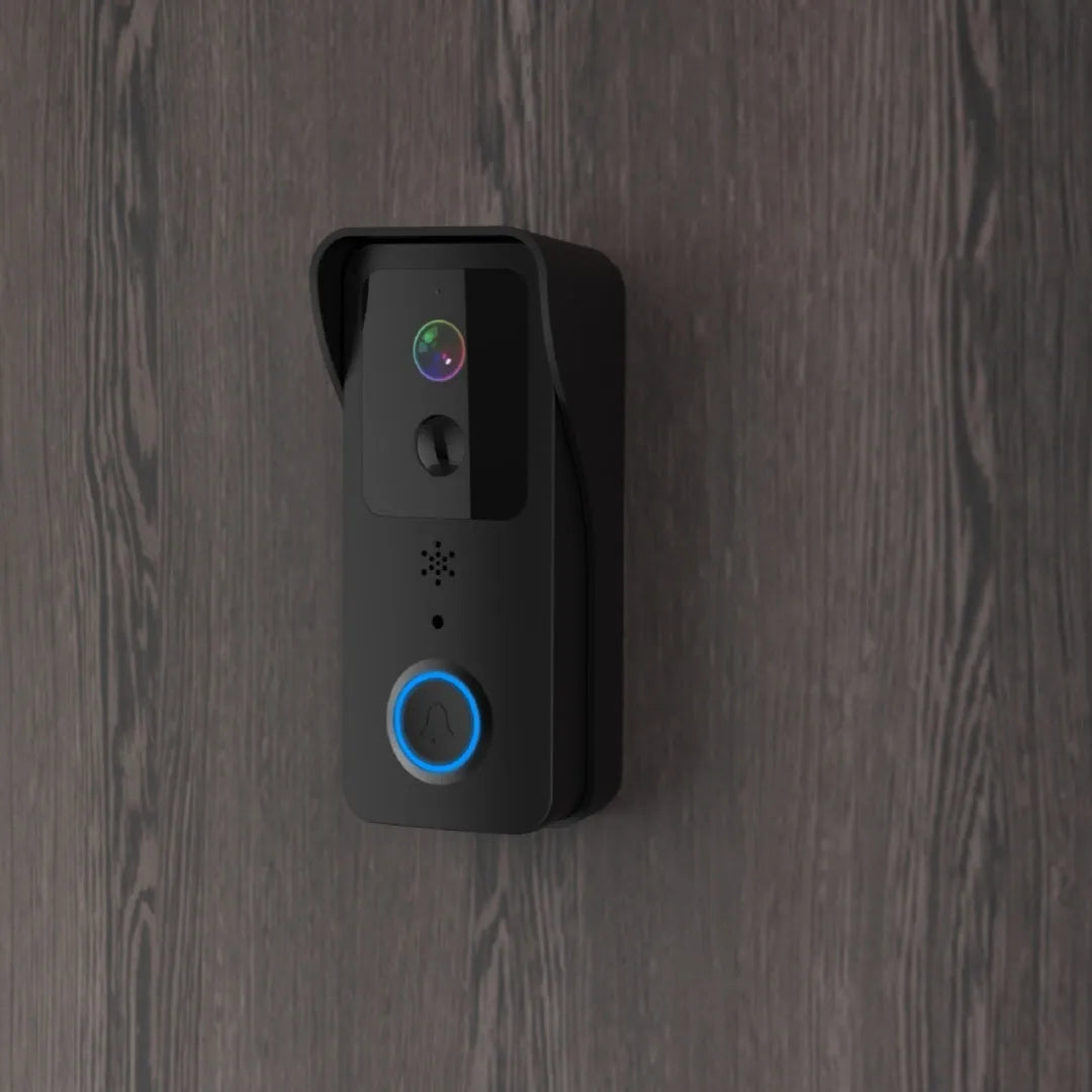 Waterproof smart HD visual doorbell with a rechargeable battery on a doorstep.