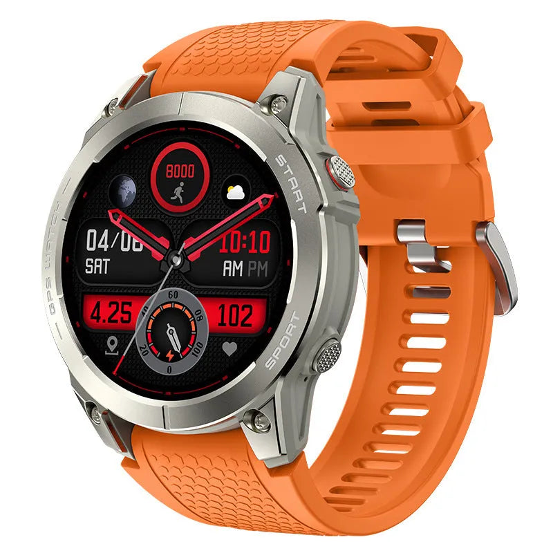 S53 Outdoor GPS Sports Call Smart Watch in black or orange with 1.43-inch IPS screen and silicone wristband