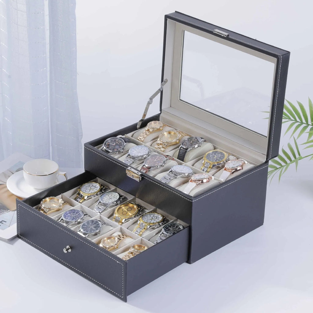 Grey high-grade leather watch storage box with see-through lid showing multiple watch slots.