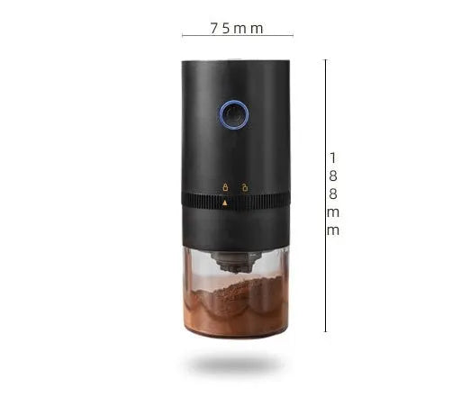 Black and white portable USB-C electric coffee grinder with transparent chamber on a kitchen counter