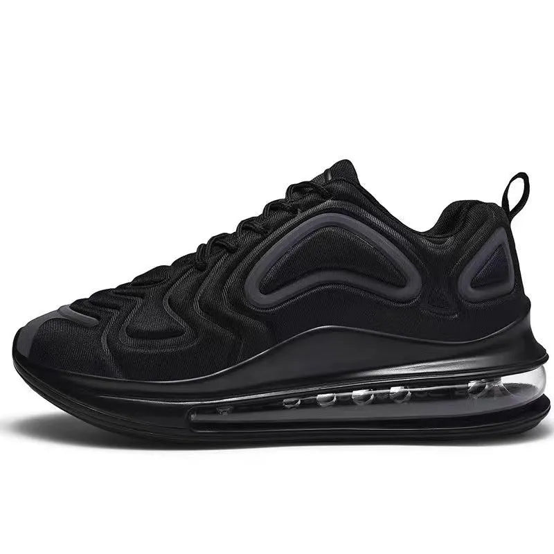 Men's black casual sneakers with lace-up front and thick sole.