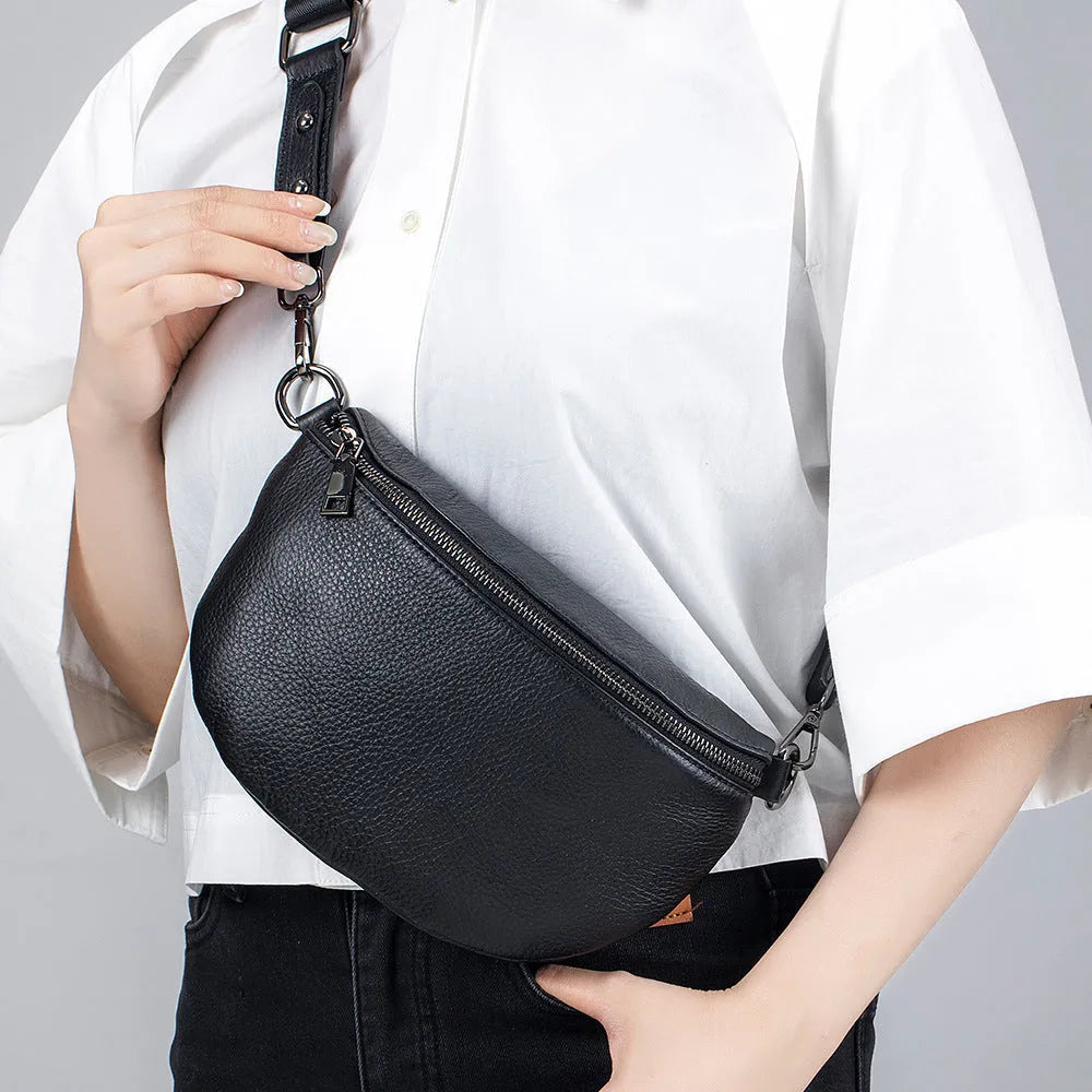 Genuine leather simple women's messenger bag in soft cowhide with sewing thread detailing
