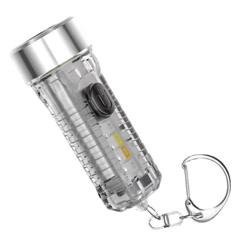 Mini LED keychain flashlight with high-strength ABS shell in transparent colour, shown on a keyring for portable night lighting
