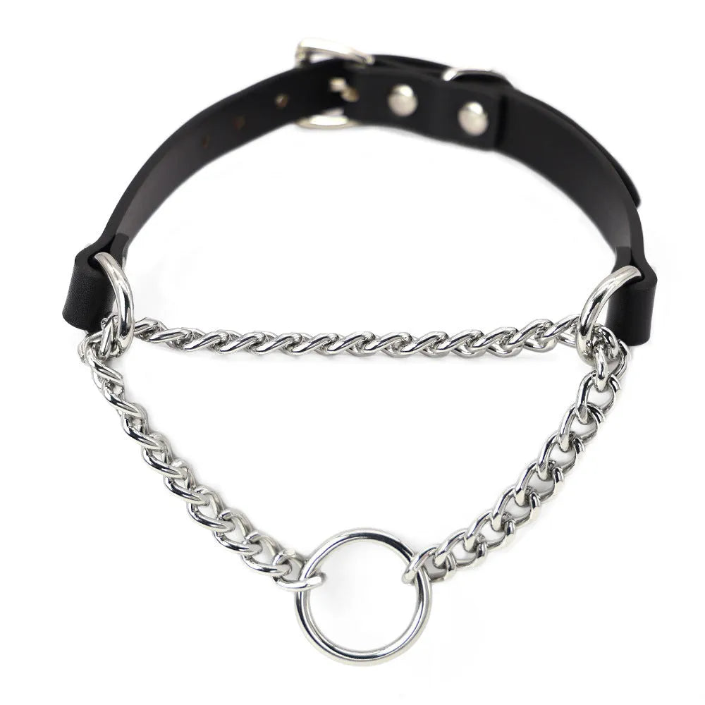 Black cowhide leather bondage collar and matching leash with hand grip rope.